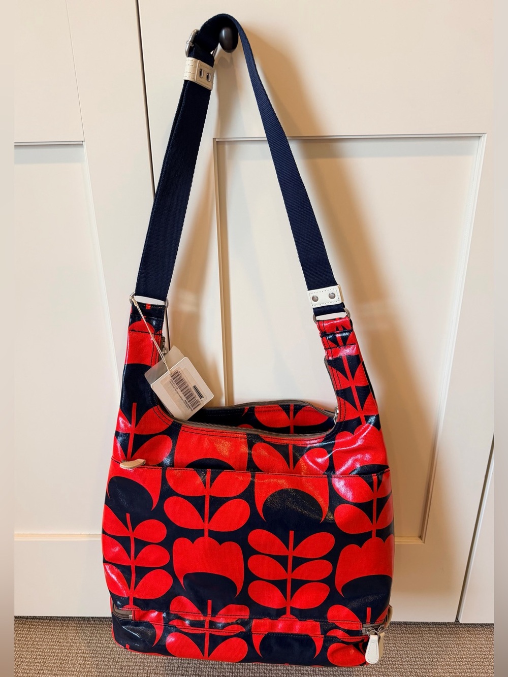 Orla Kiely Red and Navy Stem Patterned Shoulder Messenger Bag with Strap - Picture 3 of 8
